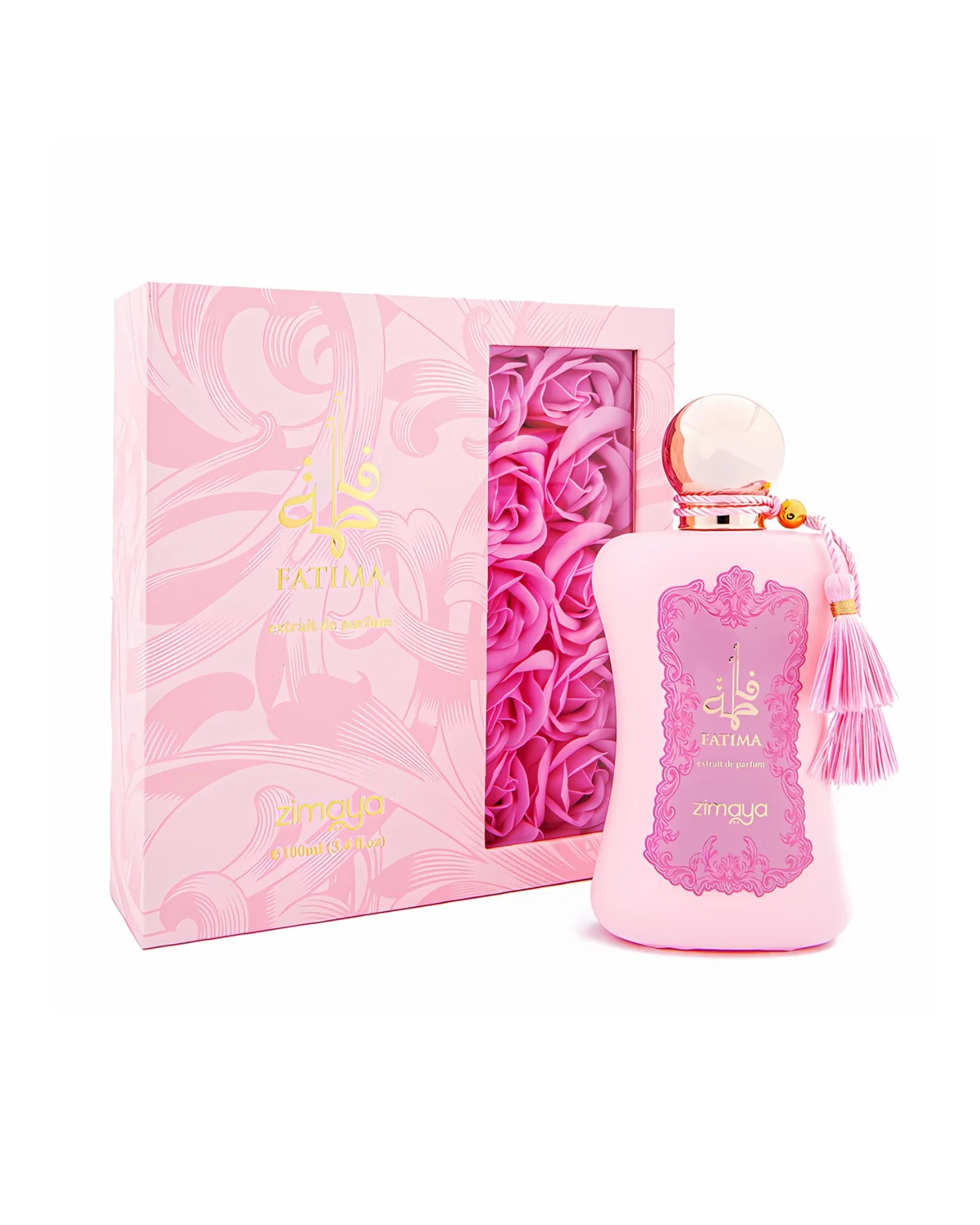 Fatima_extrait_de_parfum_perfume_bottle_and_box_against_white_background Fatima Pink 100 ml فاطمة زيمايا - Image 1