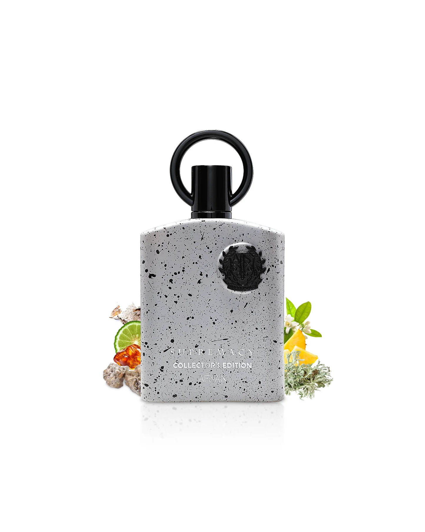 afnan-SUPREMACY-COLLECTORS-EDITION-perfume-bottle-surrounded-with-amber-and-ananas-against-white-background Supremacy collector's edition 100 ml eau de parfum homme سوبرماسي كولكتور اديشن