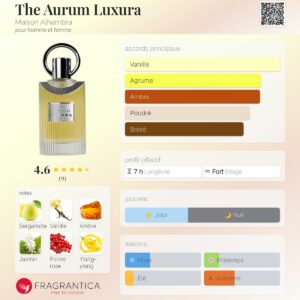 The Aurum Luxura de Maison Alhambra est un parfum Orientale Floral pour homme . C'est un nouveau parfum. The Aurum Luxura a été lancé en 2025. Les notes de tête sont Bergamote, Poivre rose et Safran; les notes de coeur sont Ylang-ylang, Jasmin et Rose; les notes de fond sont Musc, Ambre, Bois de santal, Patchouli et Vanille.