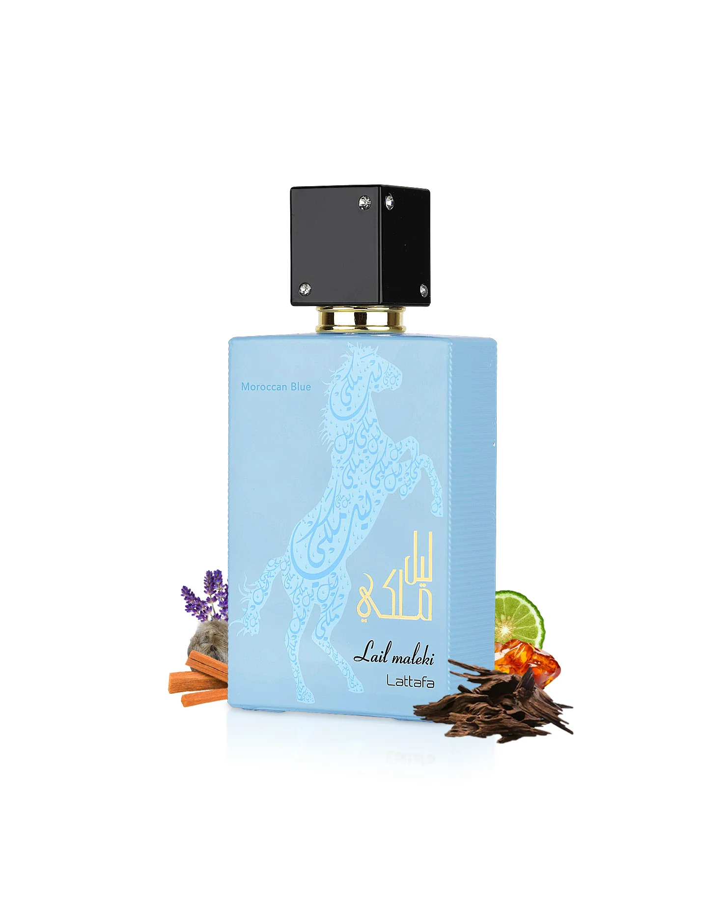 Lattafa-LAIL-AL-MALEKI-MOROCCAN-BLUE-PERFUME-BOTTLE-SURROUNDED-WITH-OUD-AND-SPICES-AGAINST-WHITE-BACKGROUND Moroccan Blue Lail Maleki 100ml Eau de Parfum Lattafa