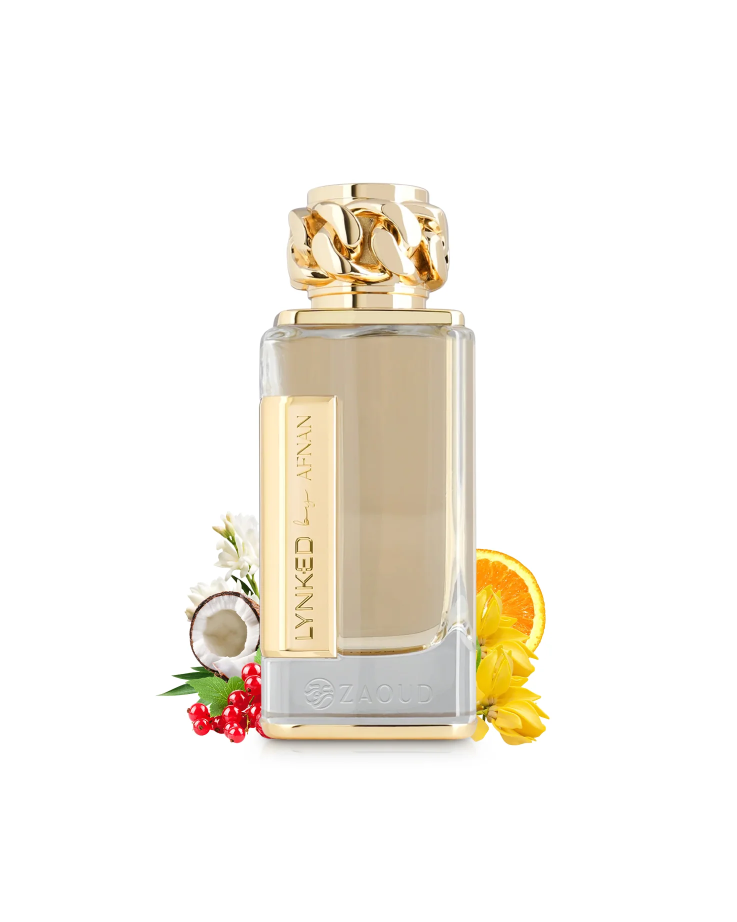 afnan-Lynked-forever-perfume-bottle-surrounded-by-coconut-and-yellow-flowers-against-white-background Lynked Forever Afnan 100ml Eau de Parfum Femme