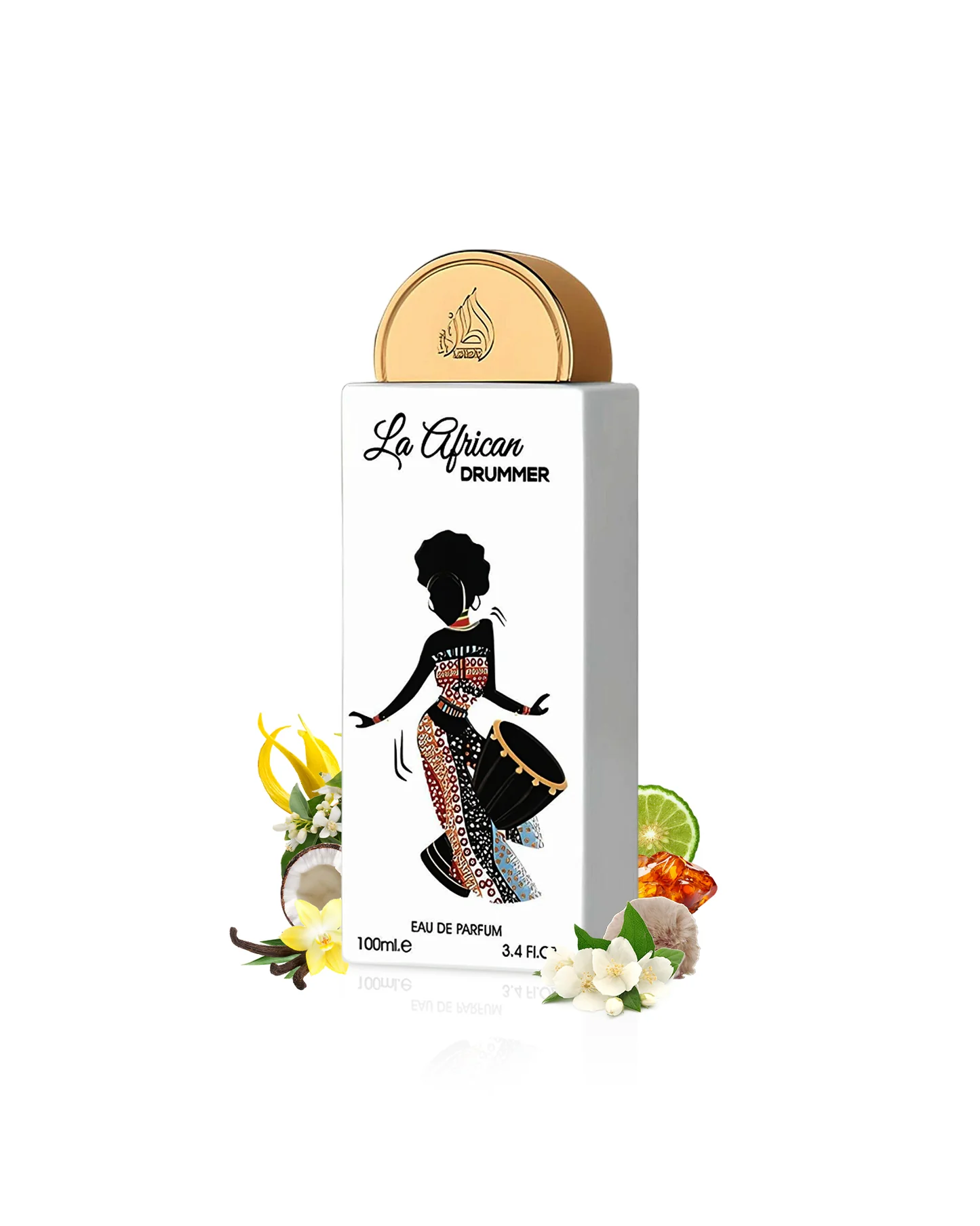 la-african-drummer-perfume-bottle-surrounded-with-jasmine-and-vanilla-against-white-background La African Drummer Lattafa 100ml eau de parfum mixte